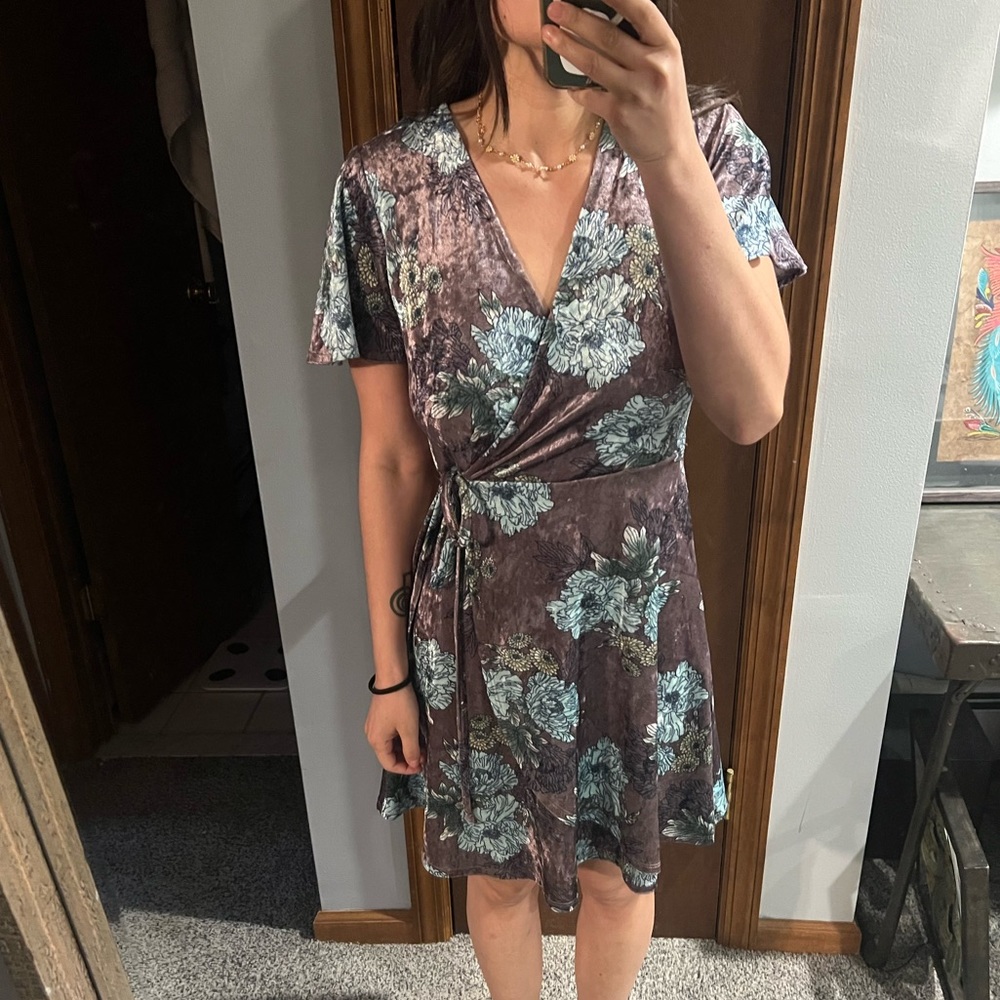 Floral velvet wrap dress.